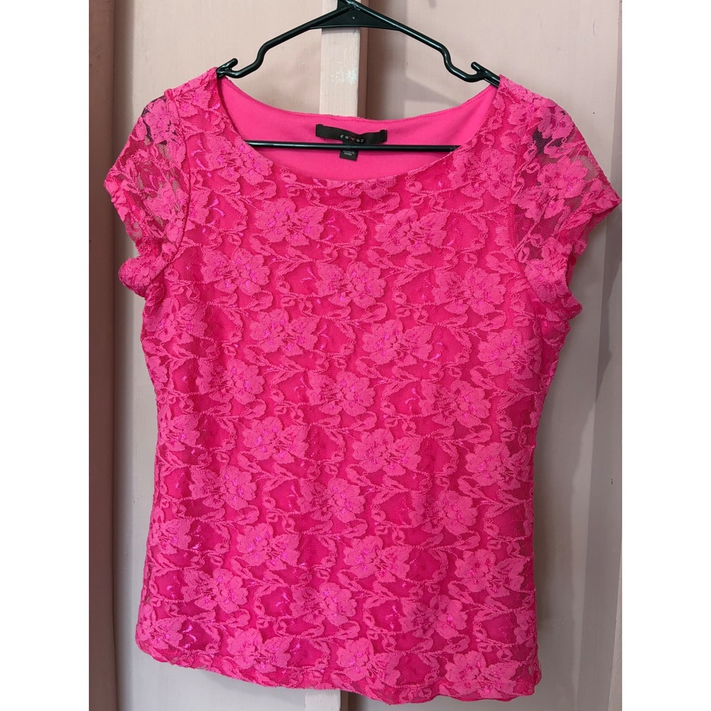 Fever Womens Hot Pink Floral Lace Sequin Short Sleeve Scoop Neck Blouse Large